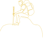 Hofgut-Apartment-&-Lifestyle-Resort-Wandern Disegno al tratto di un escursionista con zaino in spalla su una vetta, che simboleggia l'esperienza della natura, i panorami di ampia portata e le avventure in montagna di Hofgut Wagrain.