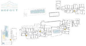 Handgezeichneter Lageplan des Hofgut Wagrain mit markierten Poolbereichen – stilvoll, übersichtlich und mit Liebe zum Detail gestaltet. Ein Blick auf die Weitläufigkeit und Vielfalt unseres alpinen Lifestyle Resorts.