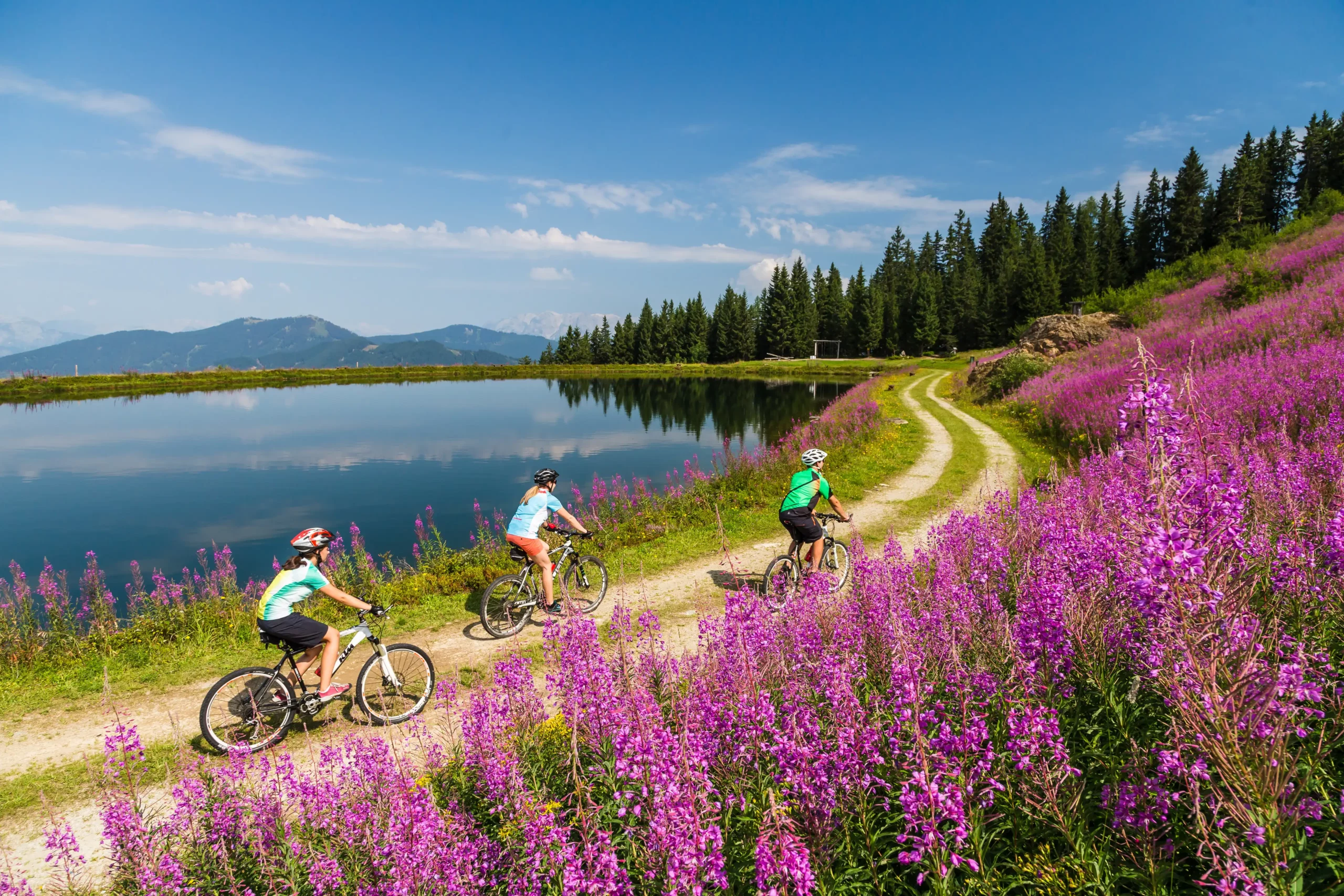 Family refreshing themselves at a rustic mountain spring during their cycle tour - crystal-clear spring water, smiling faces and an unforgettable moment in the Salzburg countryside.