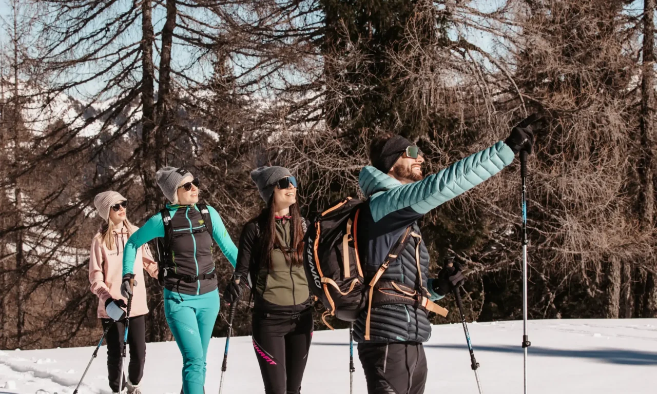 Group snowshoeing in the mountains.
