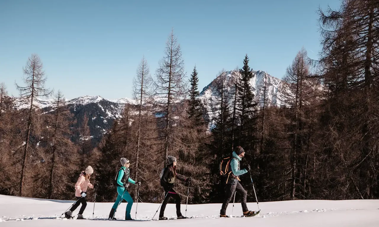 Gruppe beim Schneeschuhwandern durch eine winterliche Berglandschaft mit verschneiten Gipfeln im Hintergrund