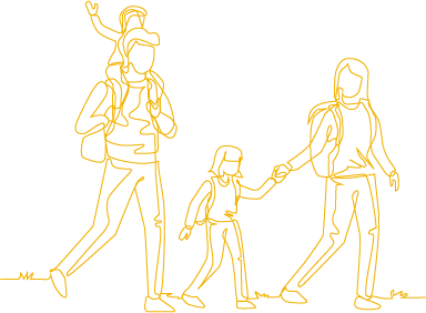 Stylised line drawing of a hiking family with two children - a symbol of shared nature experiences and family time at Hofgut Wagrain.