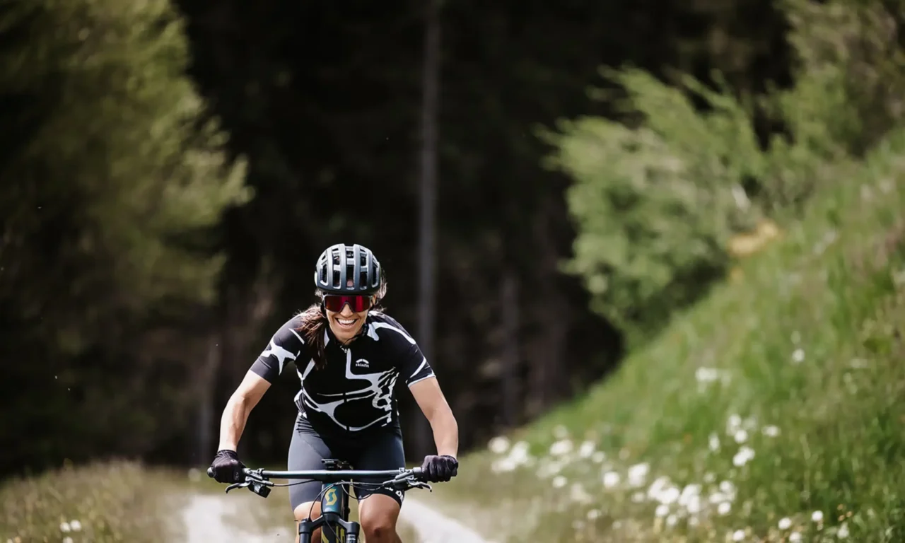 Eine Frau fährt mit ihrem Rennrad/Mountain Bike über einen schmalen Naturweg, umgeben von Wiesen und Wald.