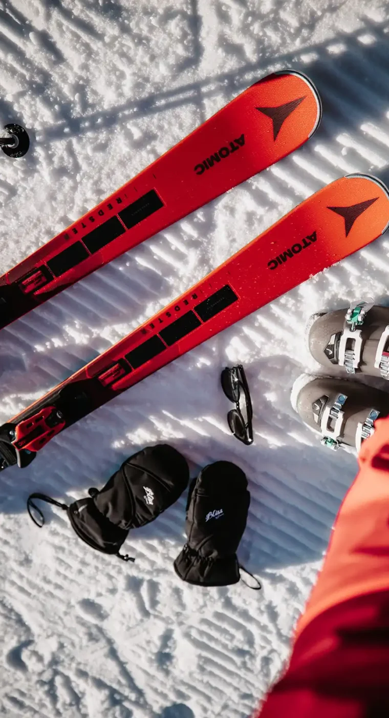 Skiequipment auf Schnee, roter Ski, Schwarze Handschuhe, schwarze Sonnenbrille, graue Skischuhe.