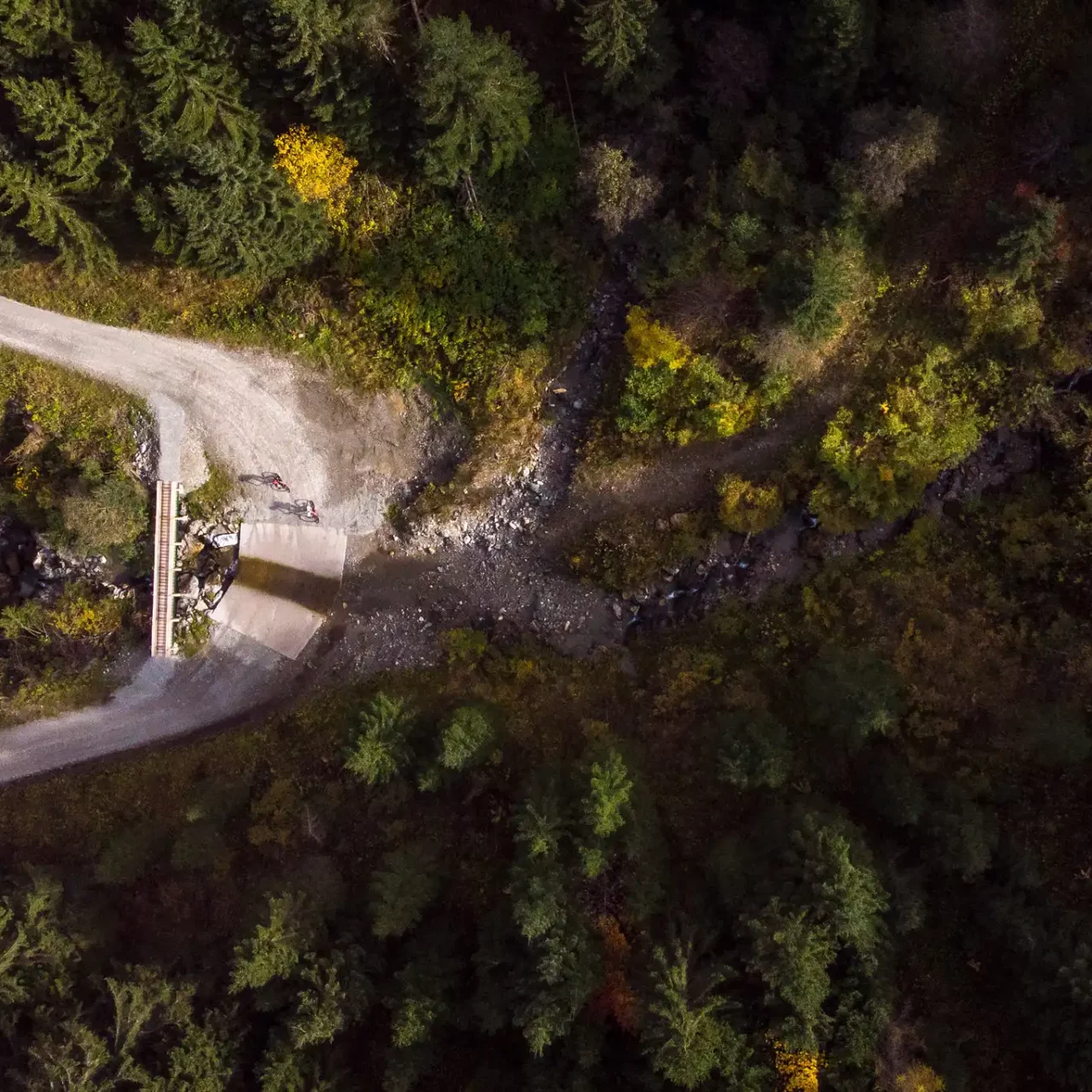 Droneoptagelse af to mountainbikere på en skovsti med en bro over en bjergbæk i Salzburger Land.