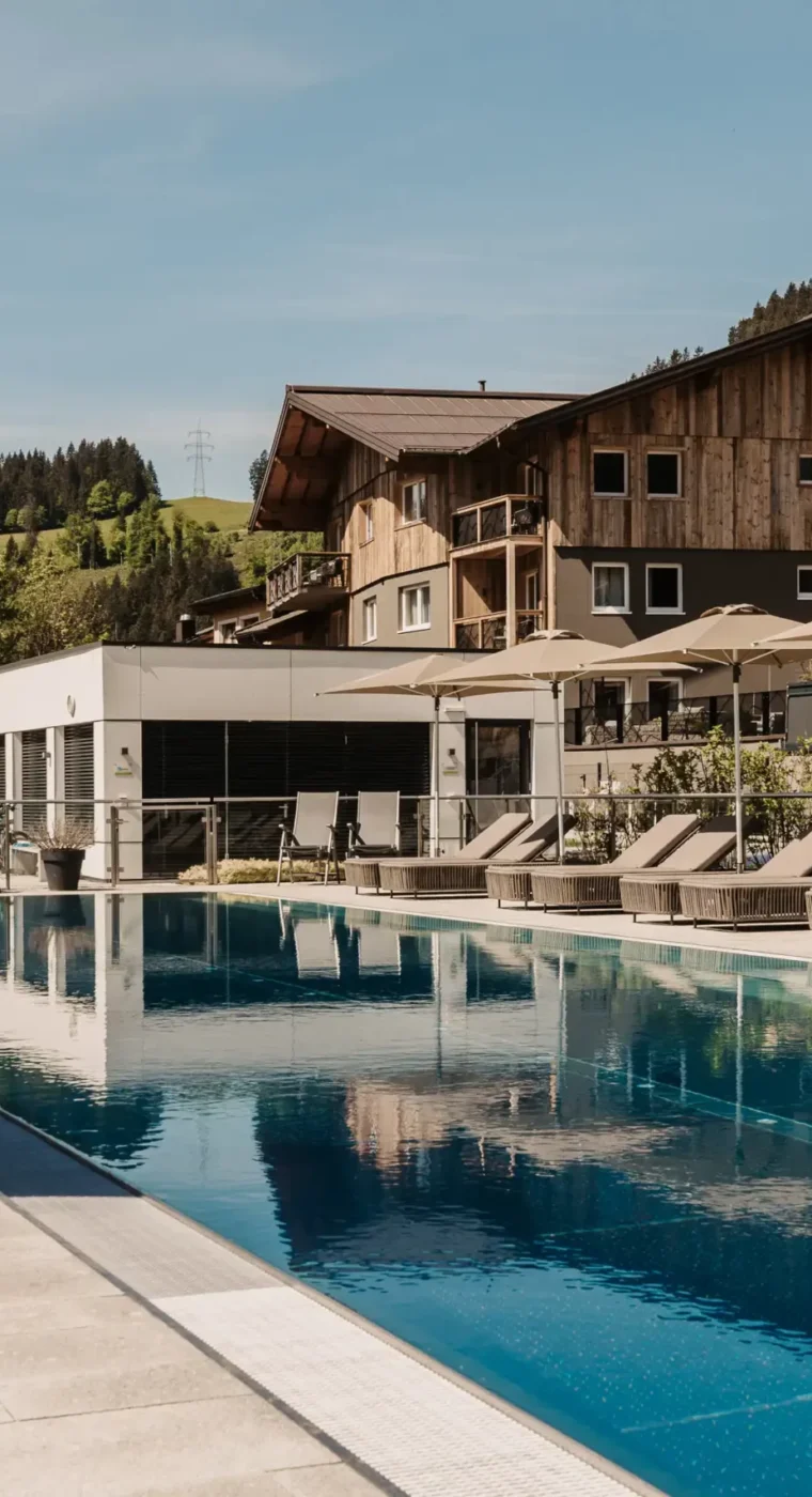 25-Meter-Sportbecken im Hofgut Wagrain mit Sonnenliegen und Schirmen – Sommerliche Ruheoase mit Bergblick für aktive und entspannte Urlaubstage im Salzburger Land.