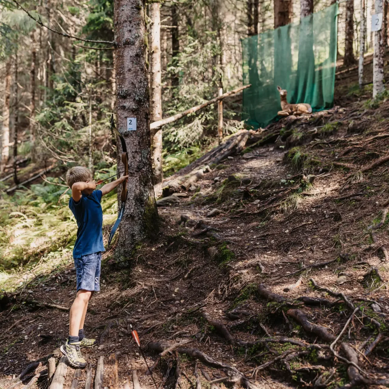 Junge übt Bogenschießen im 3D-Parcours im Wald beim Hofgut Wagrain