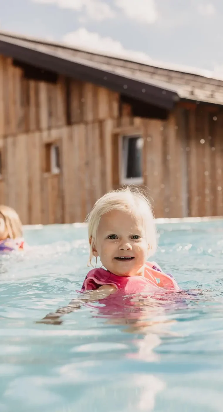 Kleines Kind mit Schwimmhilfe im Rooftop-Pool des Hofgut Wagrain beim Baden mit der Familie