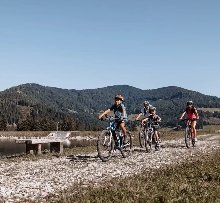 A family rides their bikes on a gravel track through a mountain landscape with lush meadows and forests.