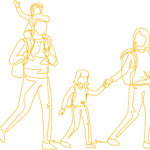 Icon_Sommer_Familie_Wanderurlaub_Apartment_&_Lifestyle_Resort_Hofgut_ Lineartzeichnung in Gold von wandernder Familie.