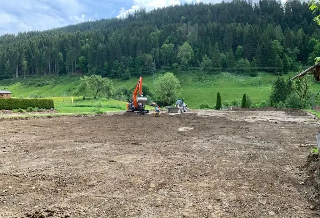 Construction site in the countryside at Hofgut Wagrain - preparations for new construction phase.