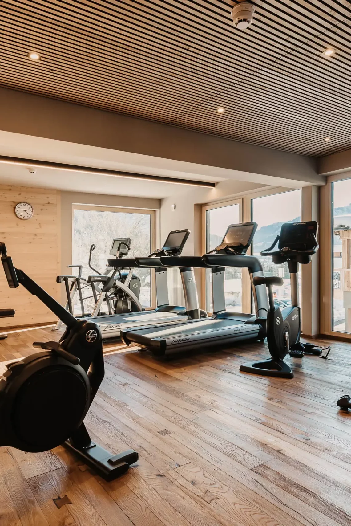 Modernes Fitnessstudio im Hofgut Wagrain mit hochwertigen Geräten, Holzdesign und Blick auf die verschneiten Berge.