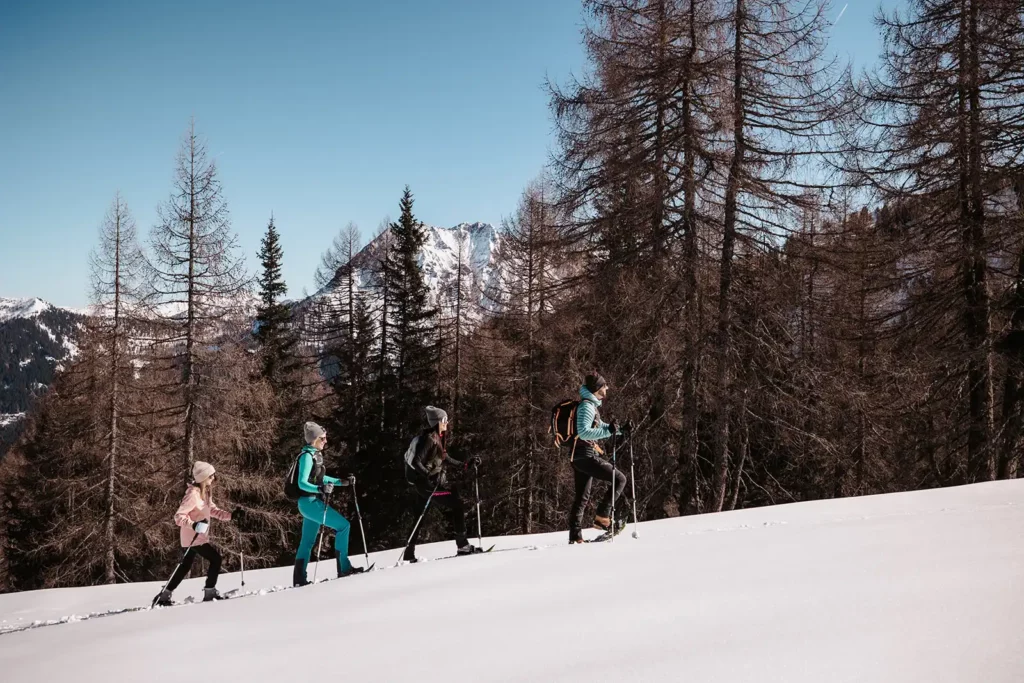 Gruppe beim Schneeschuhwandern in den Bergen.