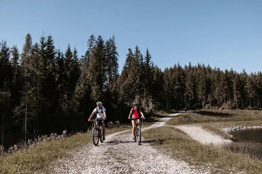 Ein Mann und eine Frau mit Fahrradhelmen fahren auf Mountainbikes einen kurvigen Schotterweg entlang, mit dichtem Wald im Hintergrund.