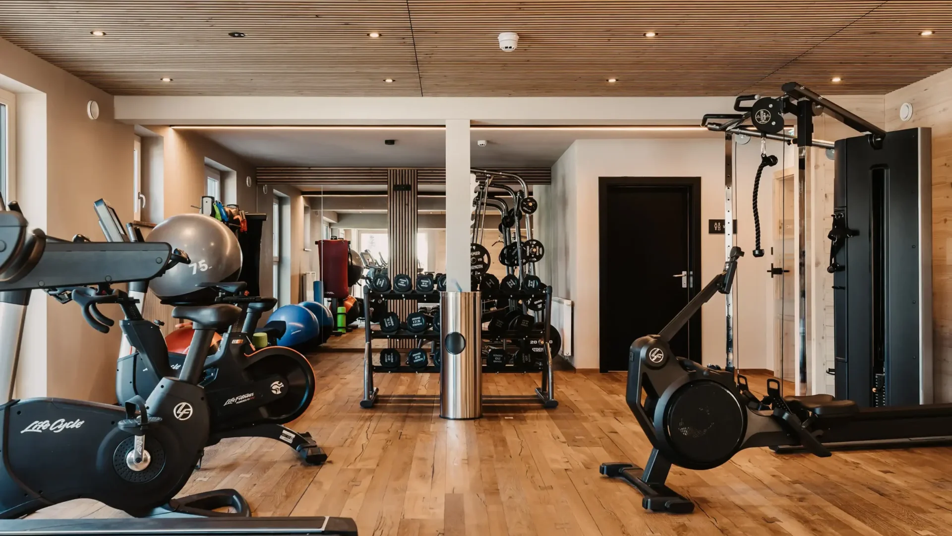 Modernes Fitnessstudio im Hofgut Wagrain mit hochwertigen Geräten, Holzdesign und Blick auf die verschneiten Berge.